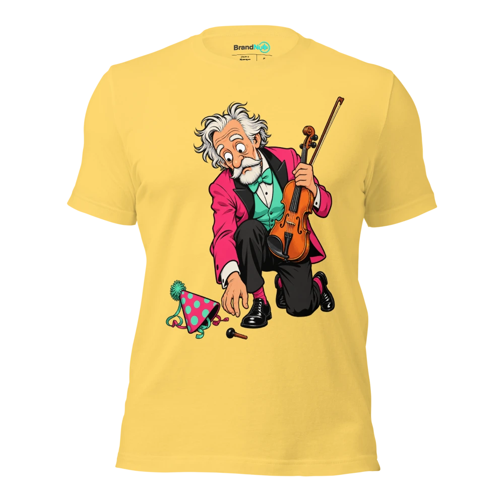 Older musician kneeling beside a dropped violin peg and party hat T Shirt Yellow Front