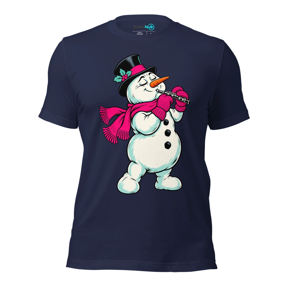 Snowman holding a piccolo with thick wool mittens T Shirt Navy Front