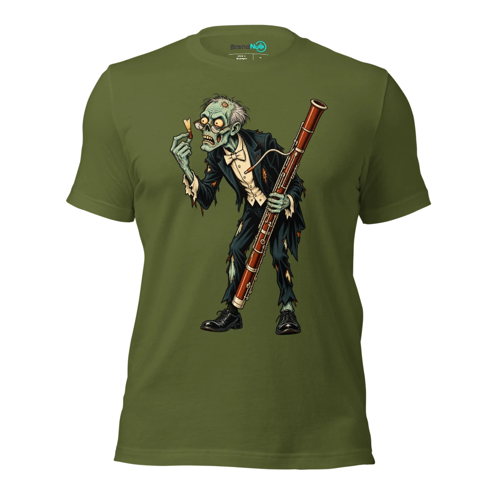 Zombie examining a broken bassoon reed with reading glasses T Shirt Olive Front