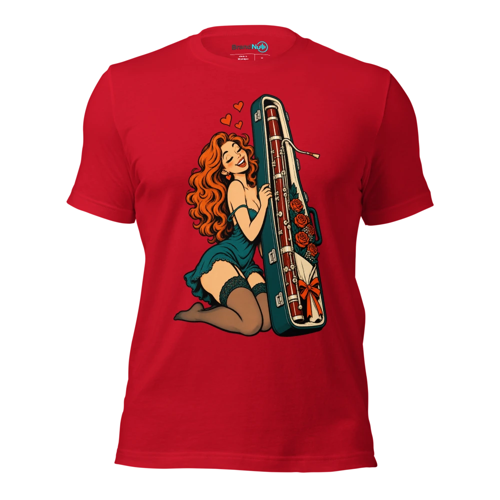Rose bouquet peeking from a bassoon case T Shirt Red Front