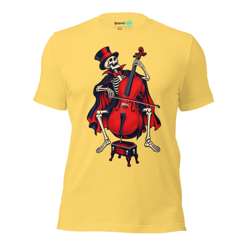 Skeleton balancing a cello on a tiny coffin stool T Shirt Yellow Front