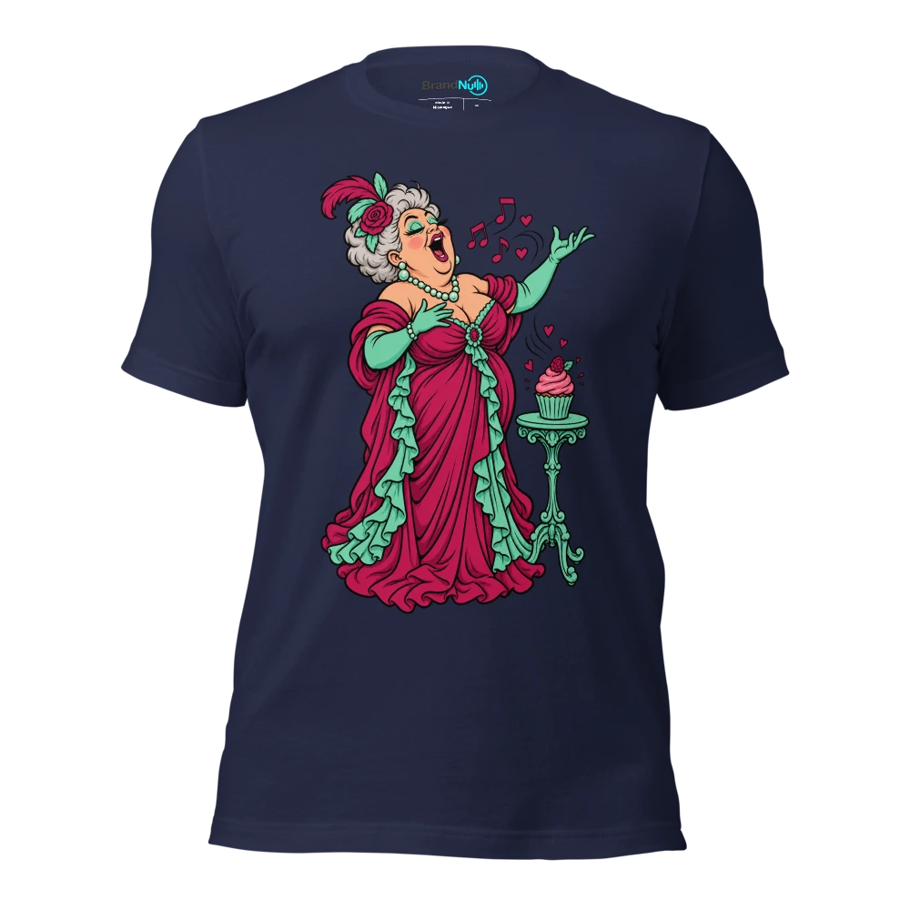 An elderly opera singer serenading a single cupcake T Shirt Navy Front