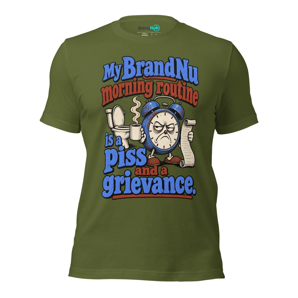 My BrandNu morning routine is a piss and a grievance T Shirt Olive Front