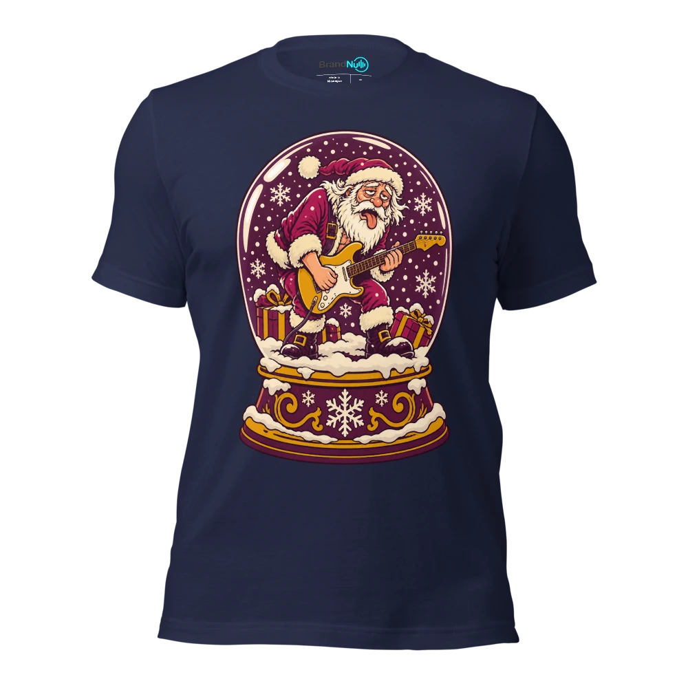 A snow globe containing an exhausted miniature guitarist T Shirt Navy Front
