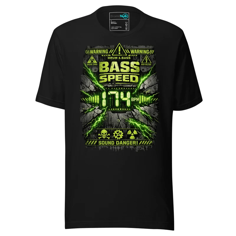 Bass Speed Warning Drum and Bass T Shirt DnB Hazard Rave Graphic Green Screen - Black