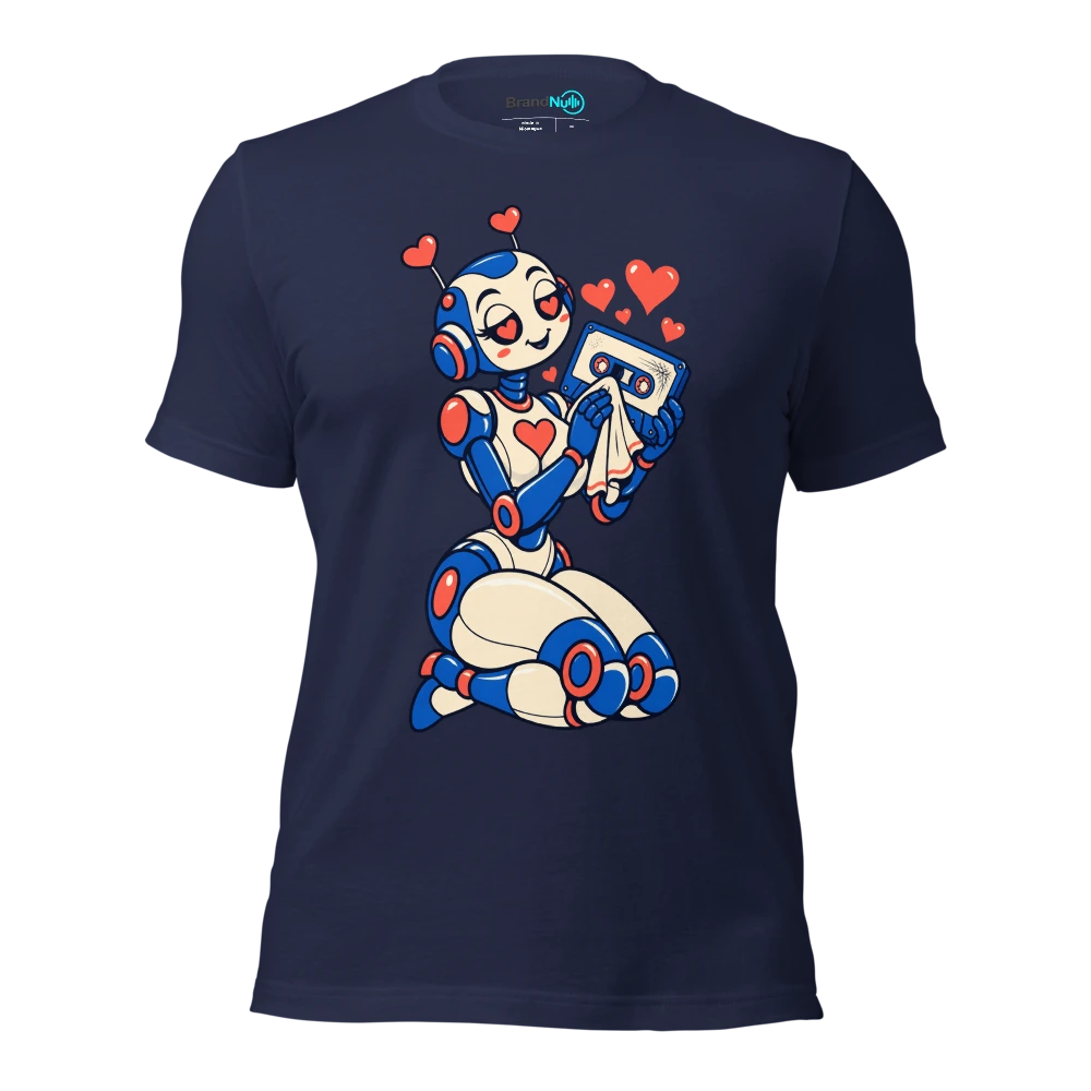 A romantic robot polishing a scratched blank cassette with a handkerchief T Shirt Navy Front