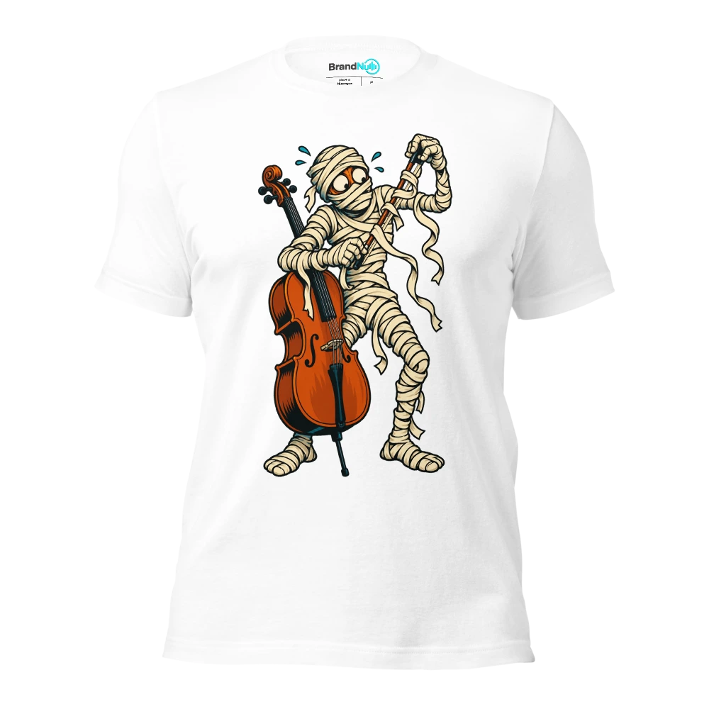 A mummy trying to unroll a cello bow from its bandages T Shirt White Front