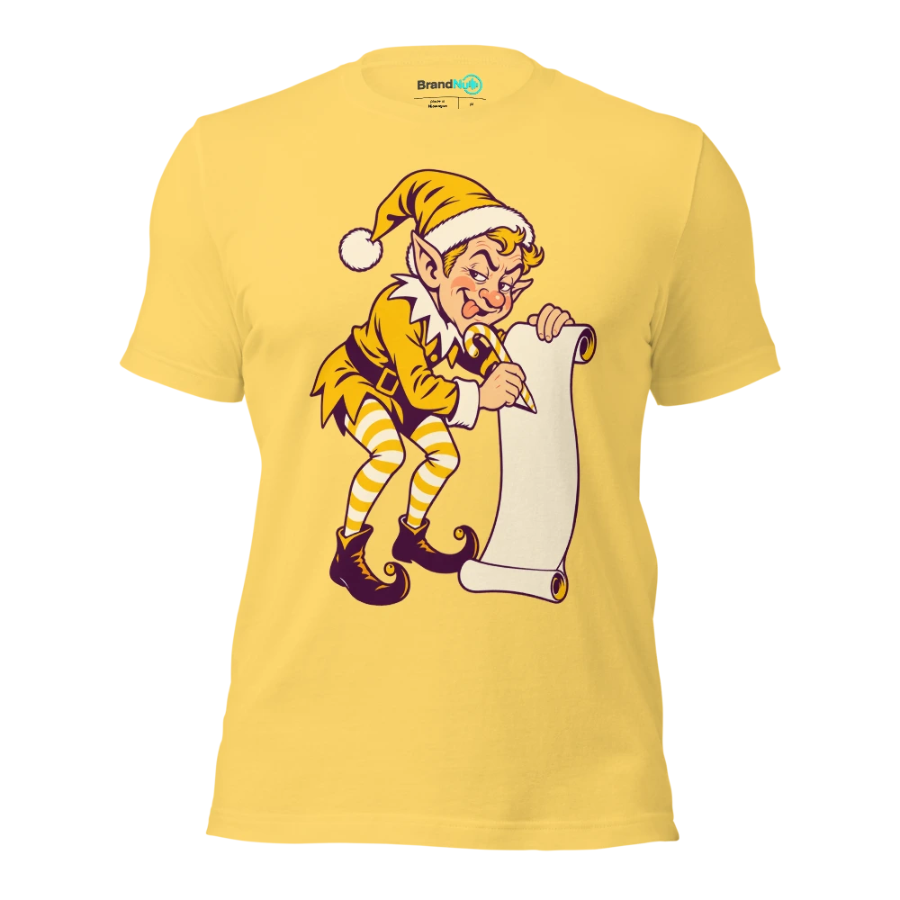 Elf marking blank set list paper with a candy cane T Shirt Yellow Front