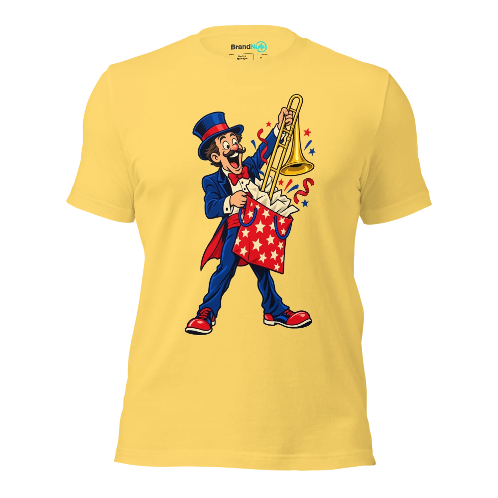 A birthday magician pulling a trombone out of a gift bag T Shirt Yellow Front