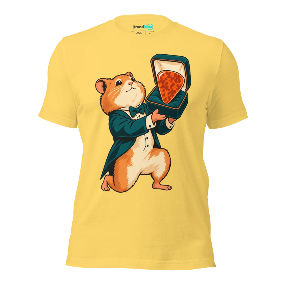 THE HAMSTER HAS DELIVERED AN OVERPRICED GUITAR PICK T Shirt Yellow Front