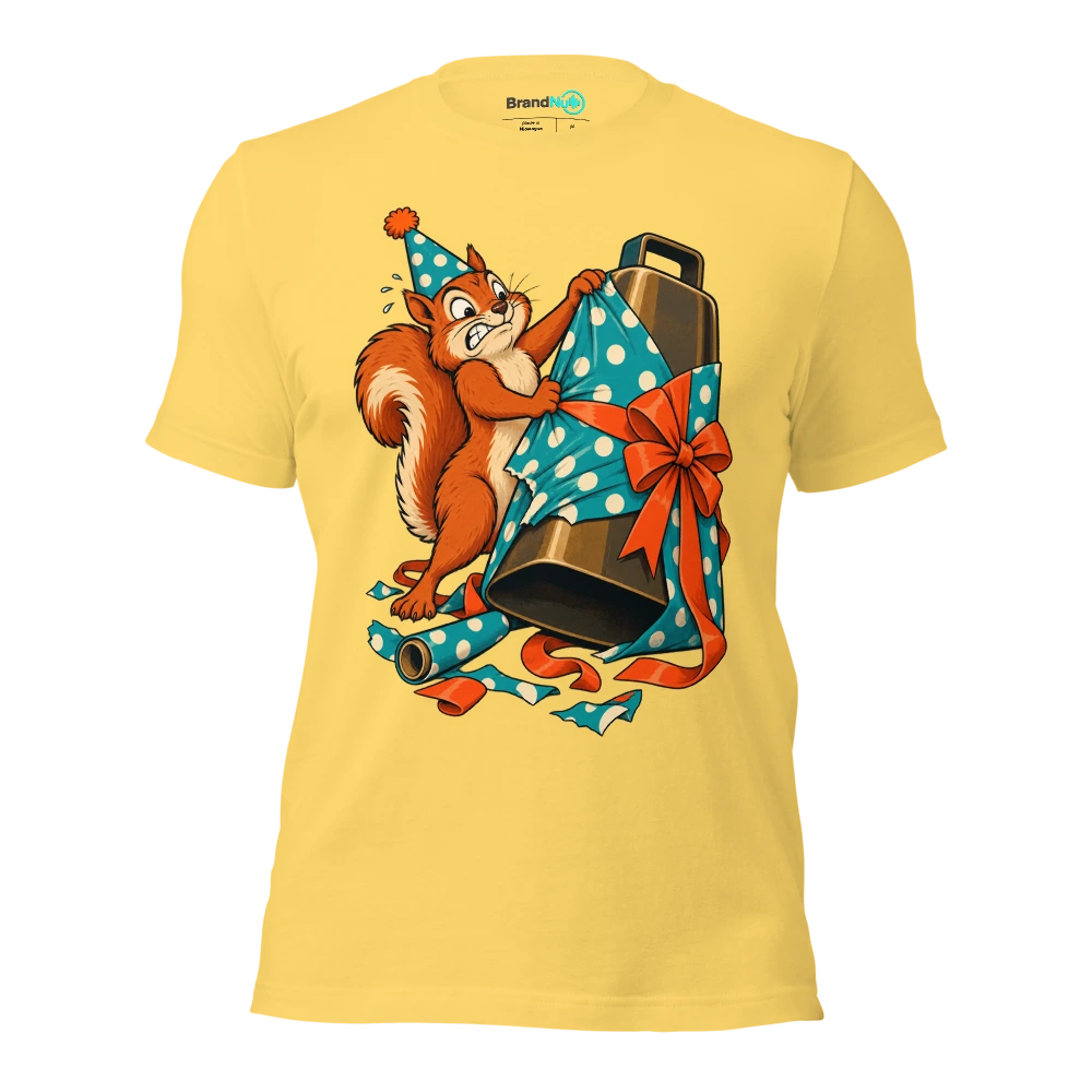 Birthday squirrel struggling to wrap an enormous cowbell T Shirt Yellow Front