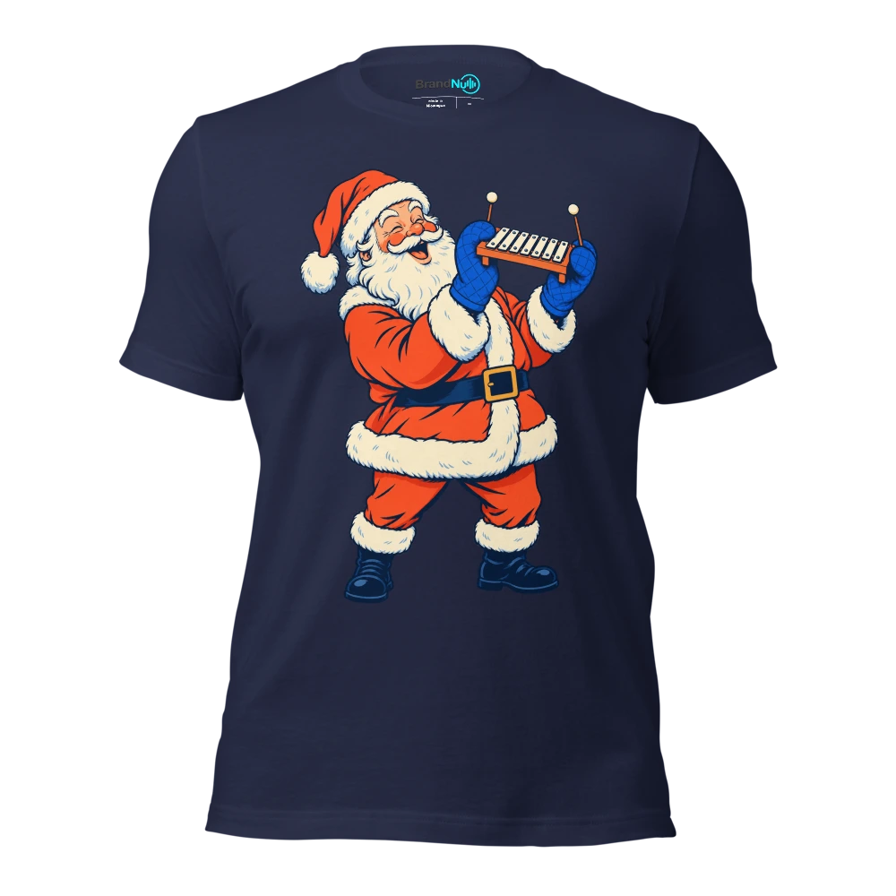 Santa lifting a tiny glockenspiel with oven gloves T Shirt Navy Front