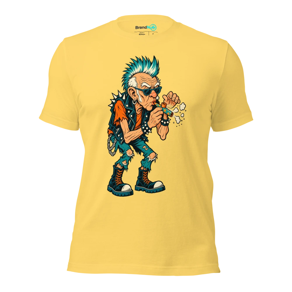An elderly punk carefully blowing dust off a birthday kazoo T Shirt Yellow Front