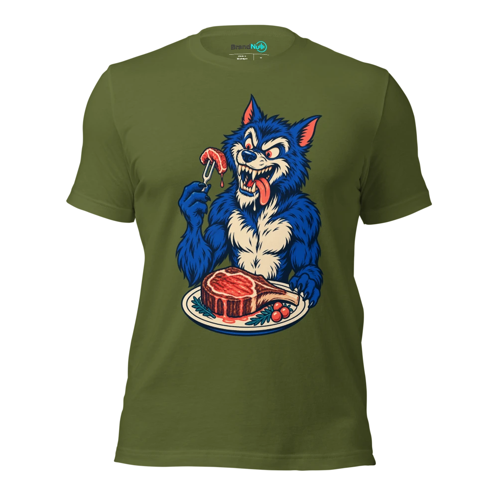 A werewolf using a tuning fork as a tiny dinner fork T Shirt Olive Front