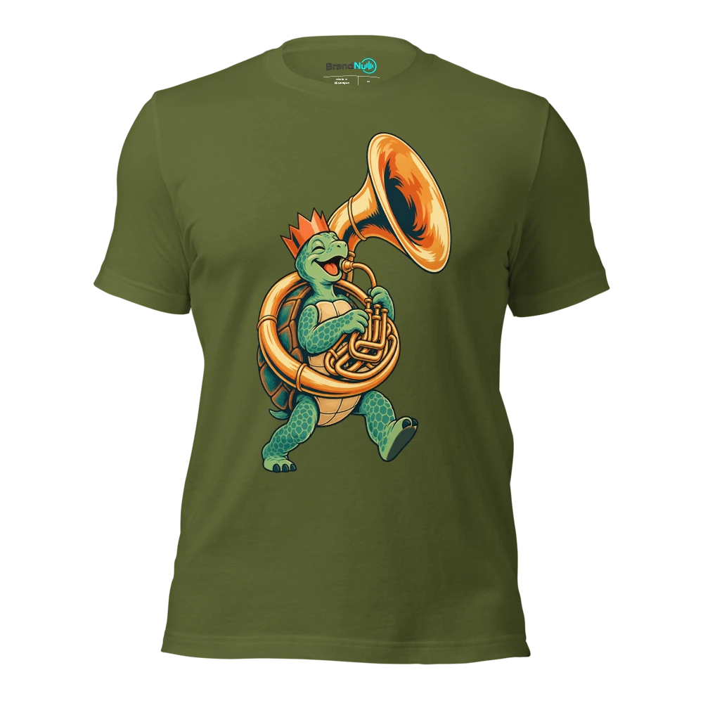 Birthday turtle carrying a sousaphone and wearing a paper crown T Shirt Olive Front