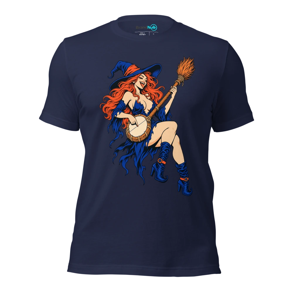 Witch plucking a single string on a broom shaped banjo T Shirt Navy Front