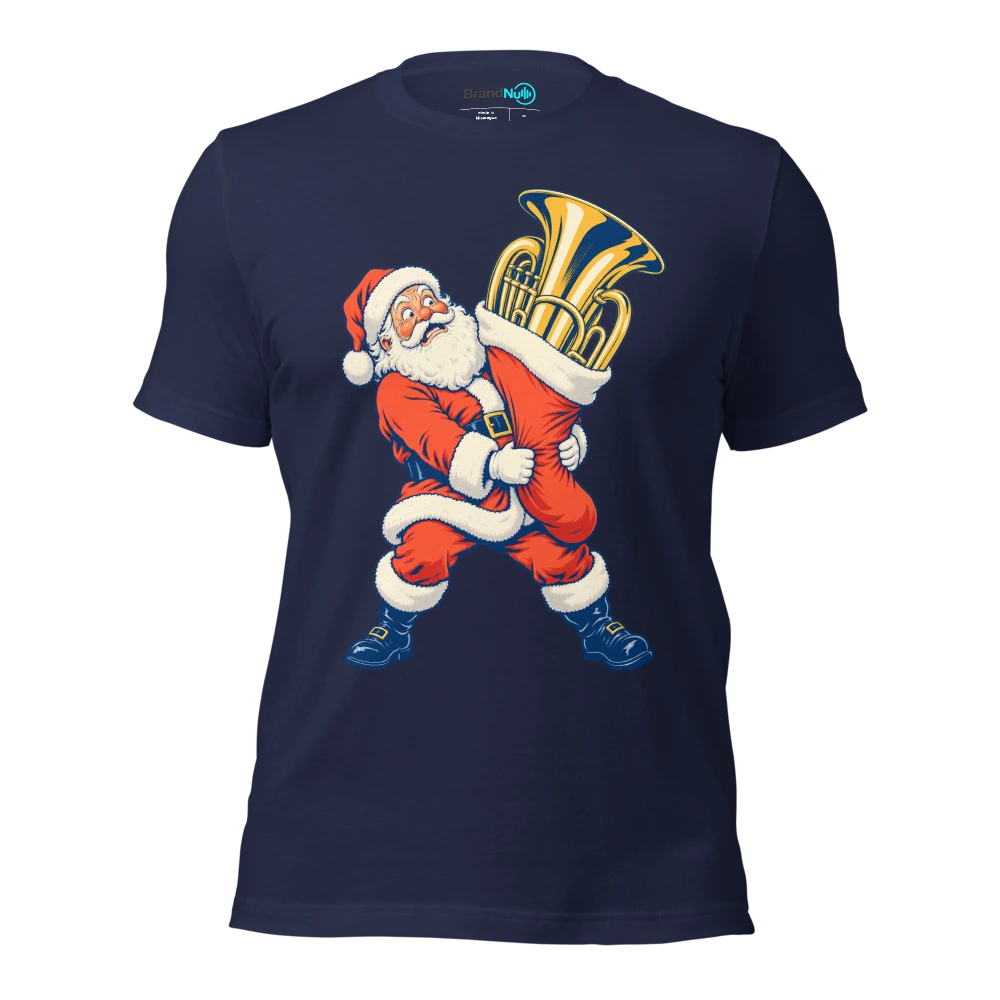Santa carrying a euphonium in a stocking too small for it T Shirt Navy Front