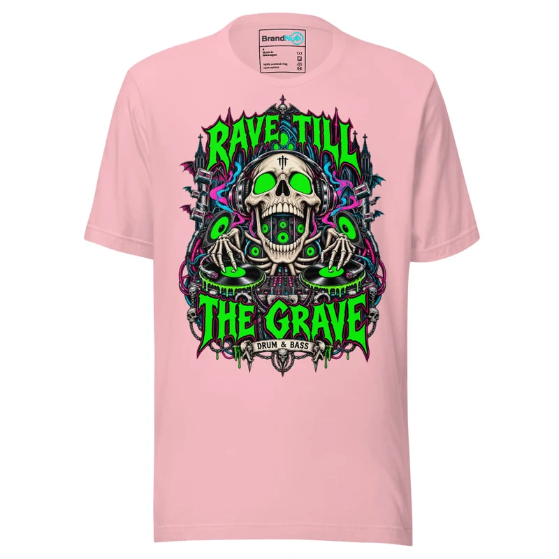 Rave Till The Grave Drum and Bass T Shirt DnB Skull Graphic Green Screen Pink