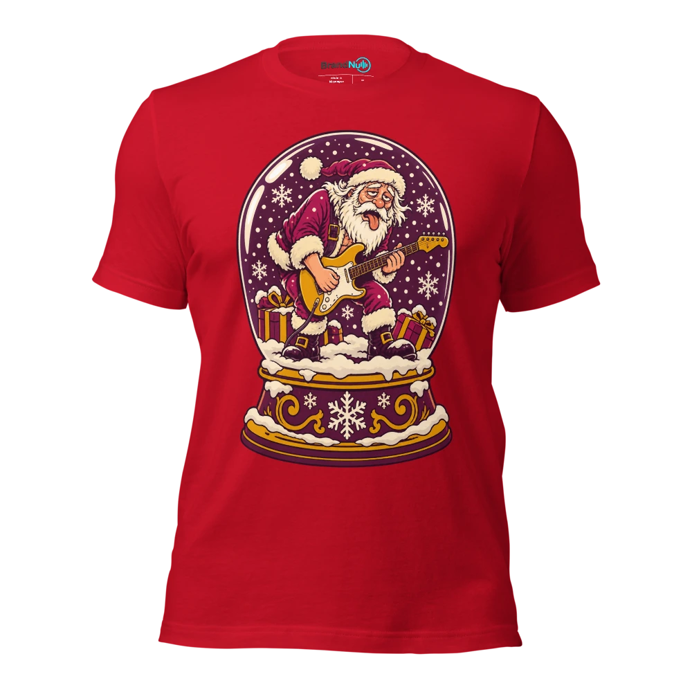 A snow globe containing an exhausted miniature guitarist T Shirt Red Front