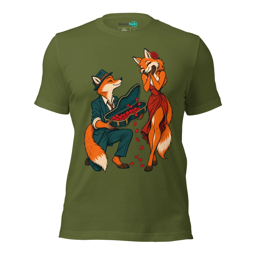Fox offering an empty instrument case full of rose petals T Shirt Olive Front