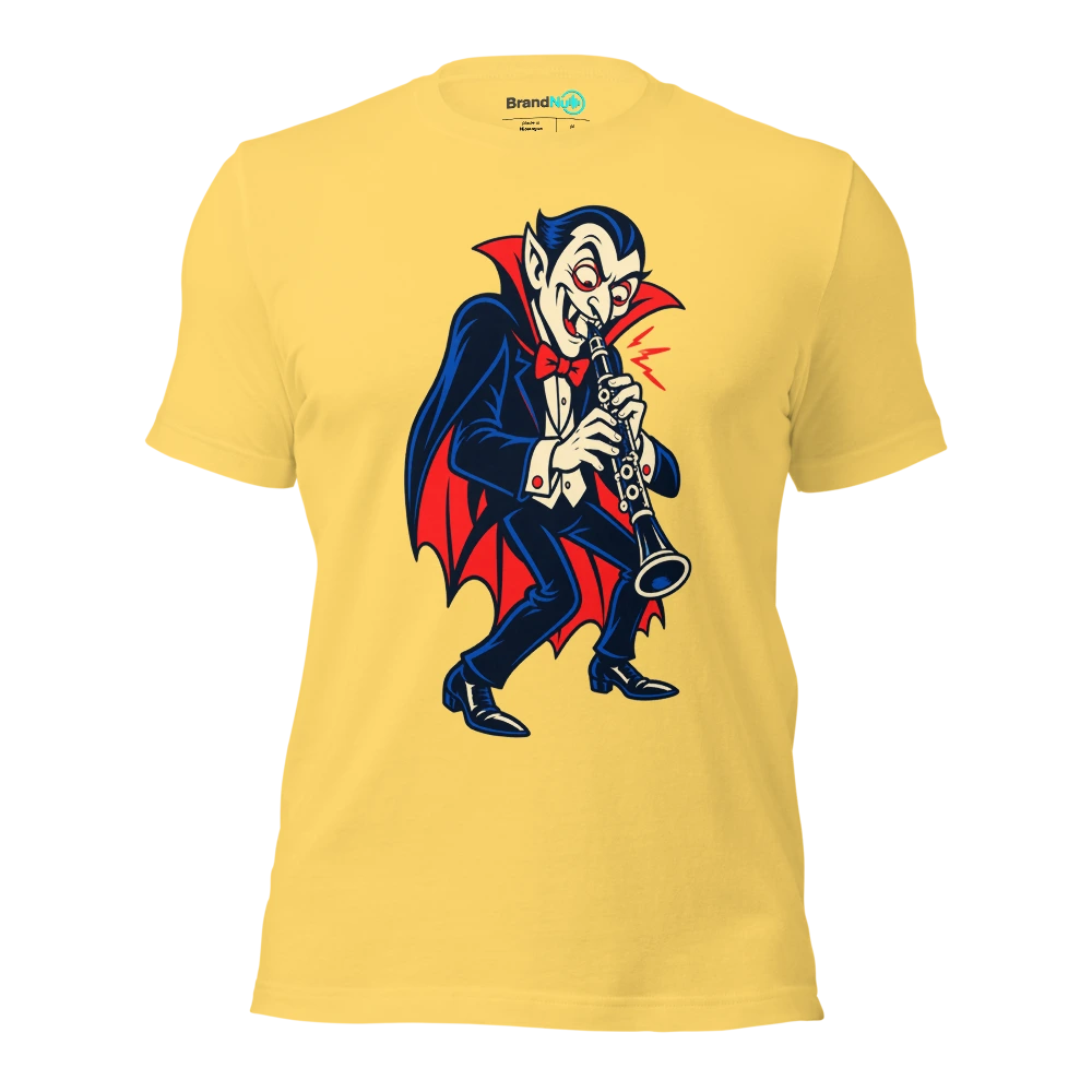 A vampire politely biting a squeaky clarinet reed T Shirt Yellow Front