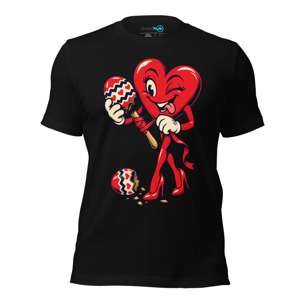 Heart mascot repairing a snapped maraca handle with ribbon T Shirt Black Front