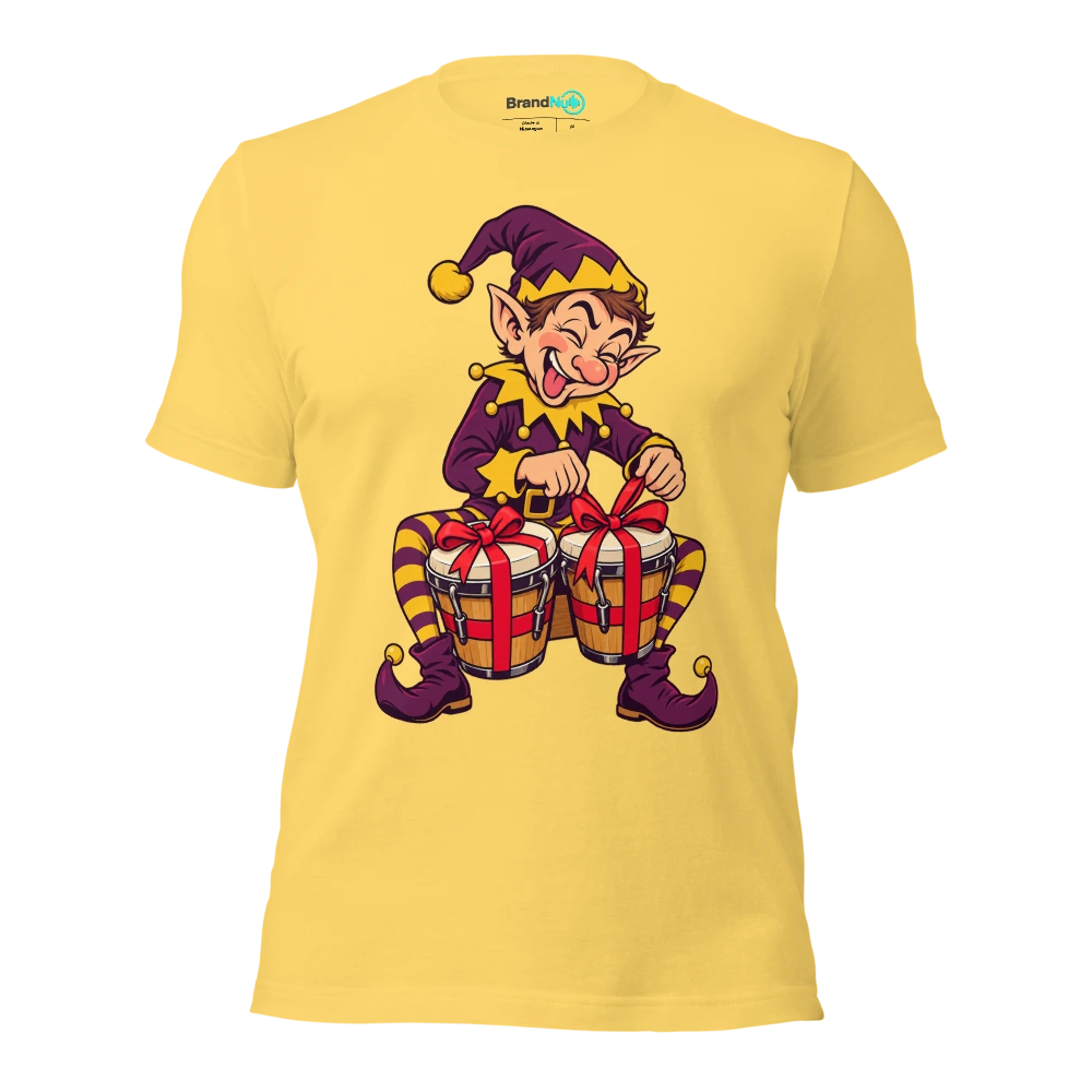 Elf tying gift bows around a pair of bongos T Shirt Yellow Front