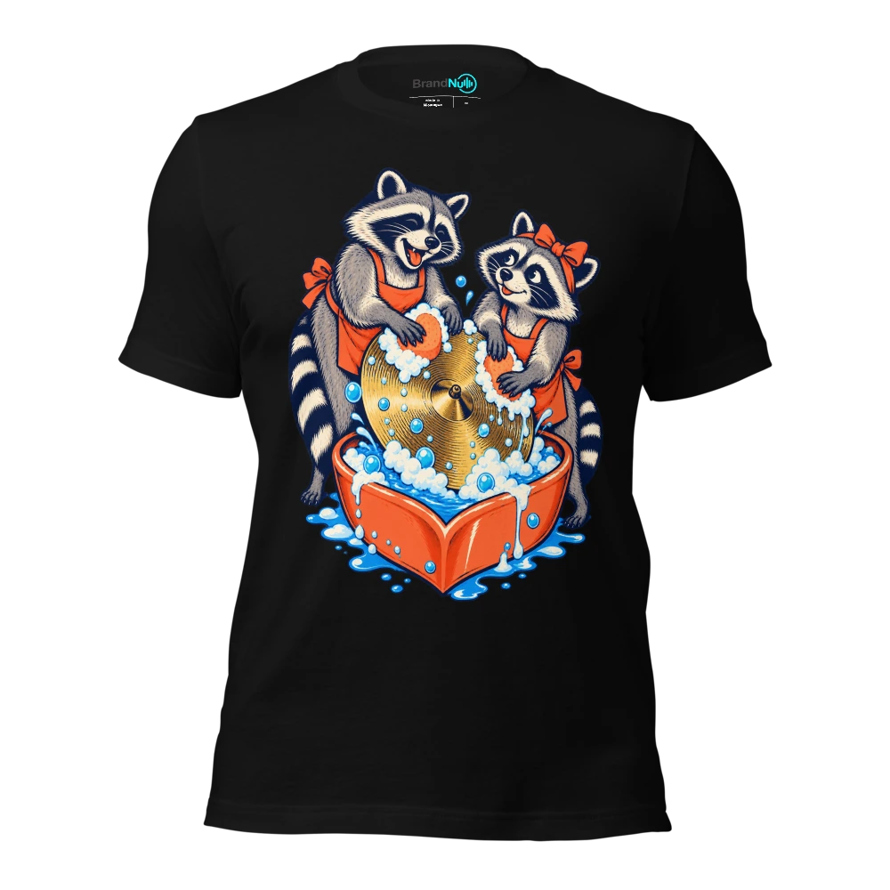 Two raccoons washing a single cymbal in a heart shaped basin T-SHIRT