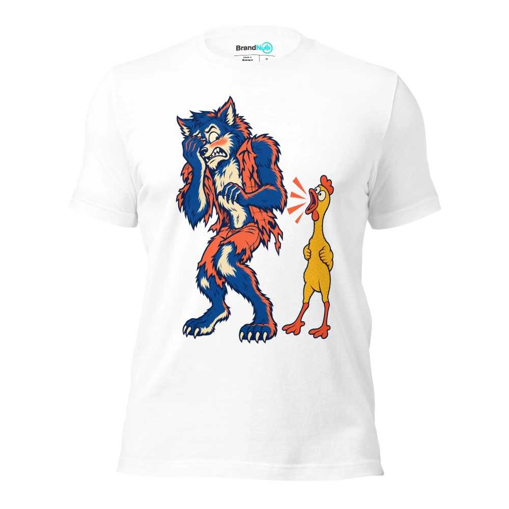 Werewolf embarrassed by a squeaky rubber percussion chicken T Shirt White Front