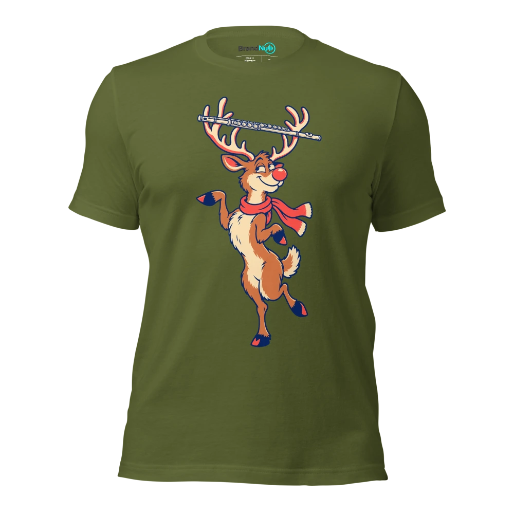 A reindeer balancing a delicate flute across its antlers T Shirt Olive Front