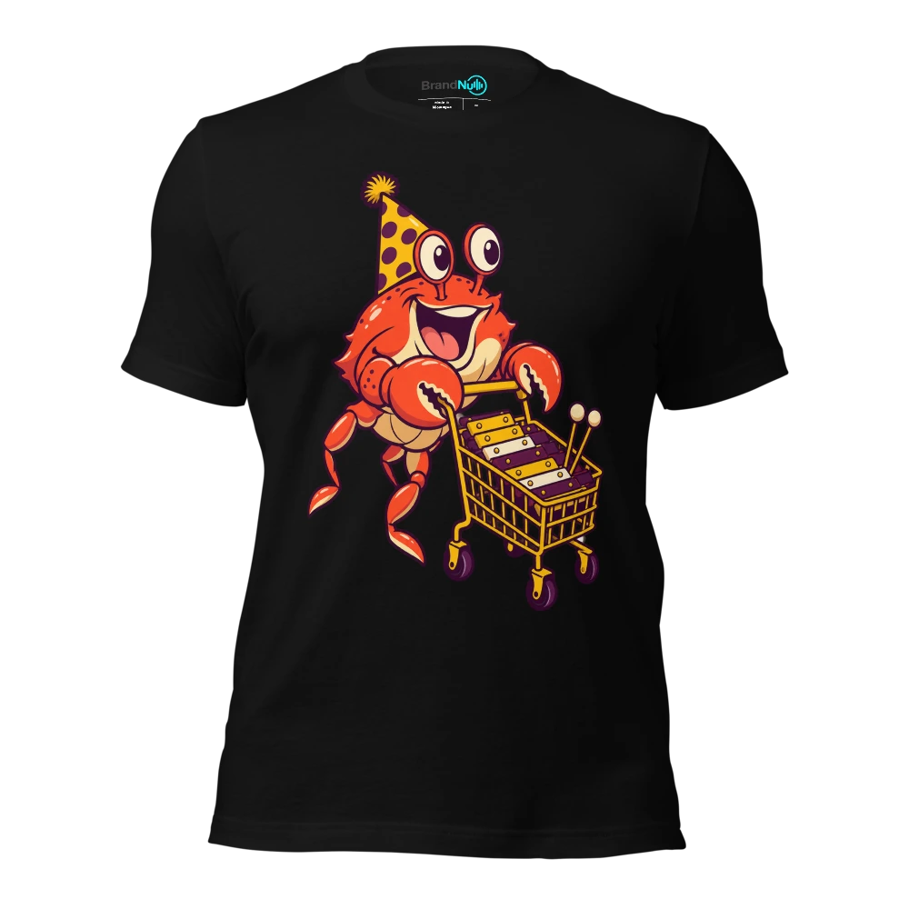 Birthday crab carrying a glockenspiel on a tiny shopping trolley T-SHIRT