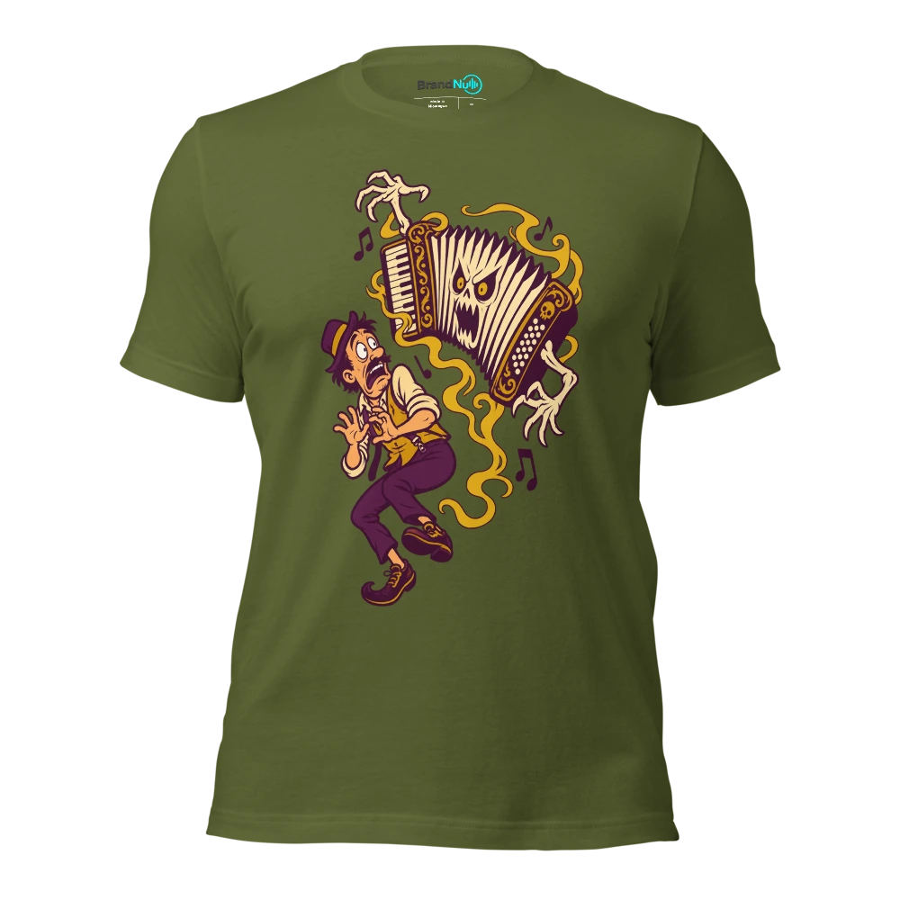 A haunted accordion expanding while its nervous owner retreats T Shirt Olive Front