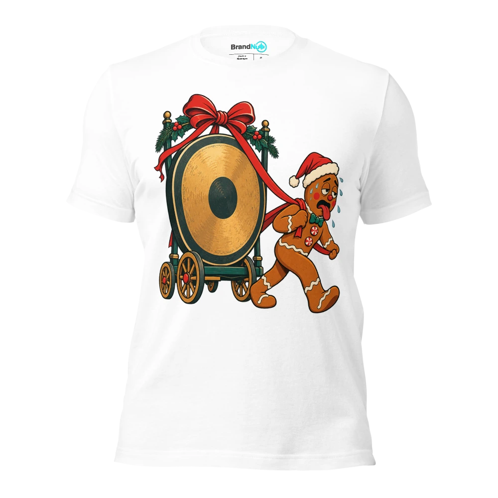 Gingerbread musician dragging a huge gong on a ribbon T Shirt White Front