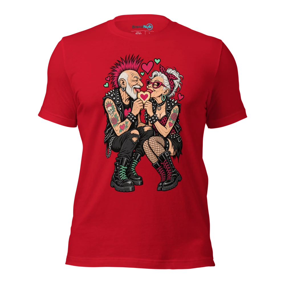 Two elderly punk musicians sharing a heart shaped biscuit T Shirt Red Front