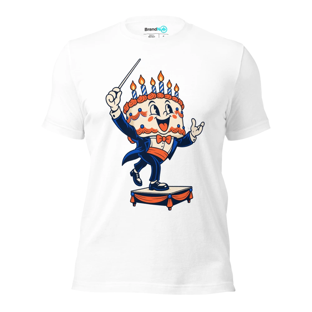 Cake mascot stepping onto a tiny conductor podium T Shirt White Front