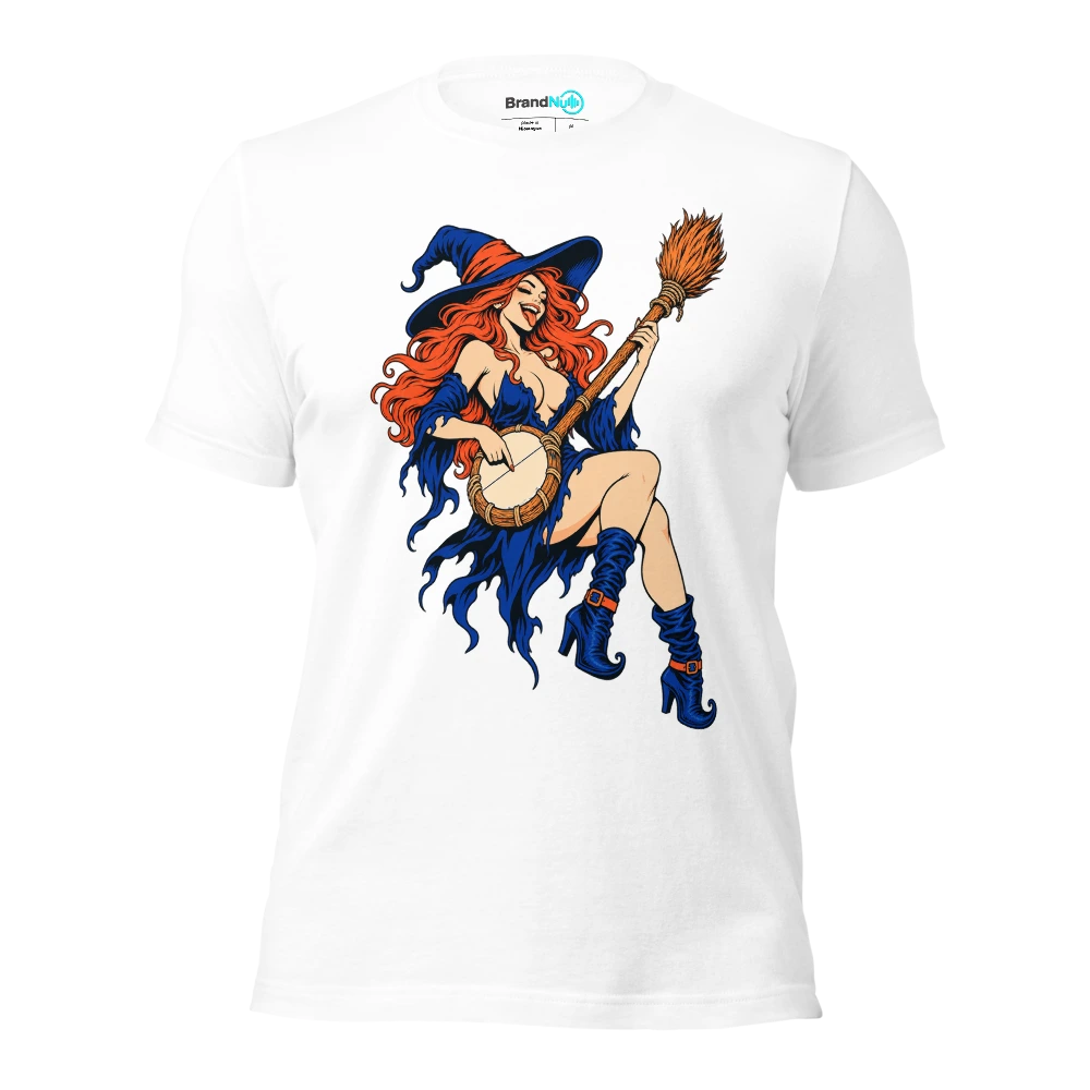 Witch plucking a single string on a broom shaped banjo T Shirt White Front