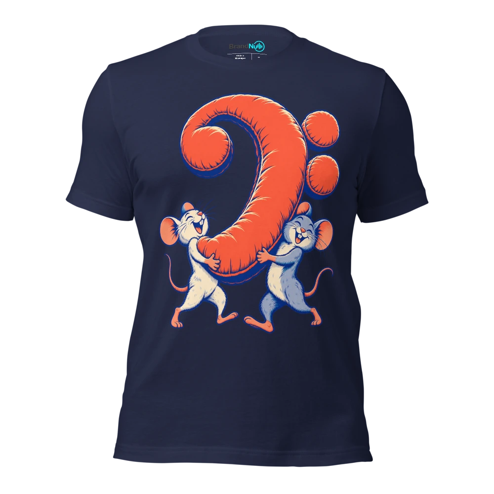 Two mice carrying one enormous bass clef shaped cushion T Shirt Navy Front