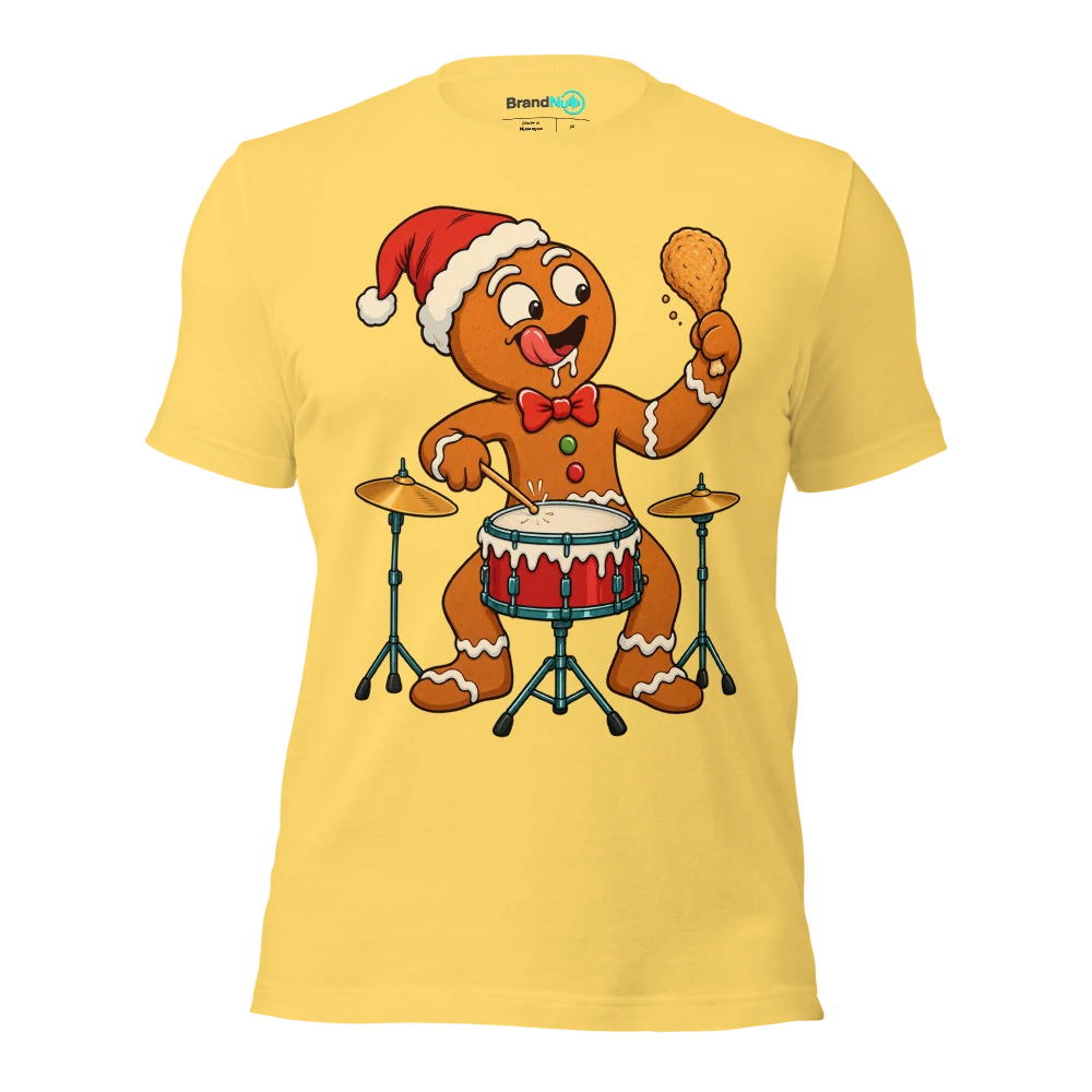 Gingerbread drummer staring at a drumstick shaped biscuit T Shirt Yellow Front