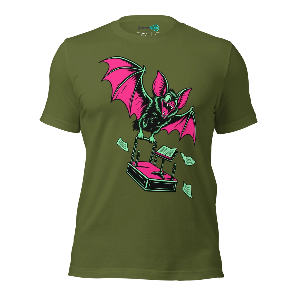 Bat carrying a miniature conductor podium by its handle T Shirt Olive Front