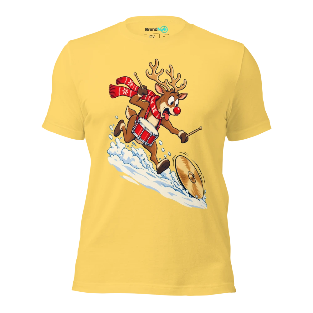 Reindeer drummer chasing a cymbal down a snowy hill T Shirt Yellow Front