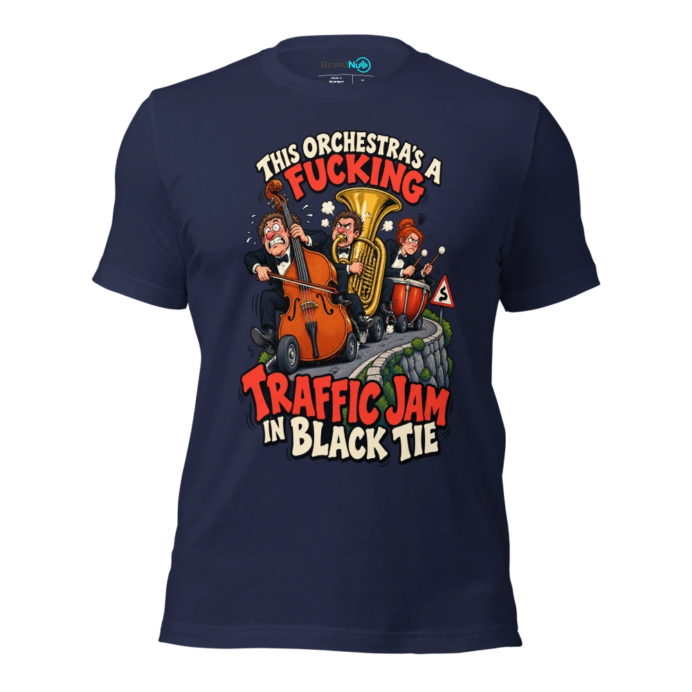 THIS ORCHESTRA'S A FUCKING TRAFFIC JAM IN BLACK TIE T Shirt Navy Front