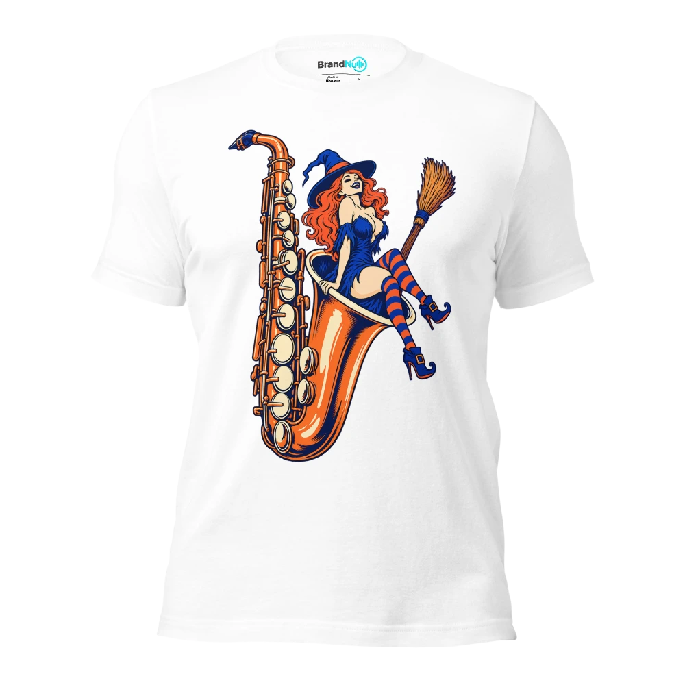 Witch broom parked inside an enormous saxophone bell T Shirt White Front