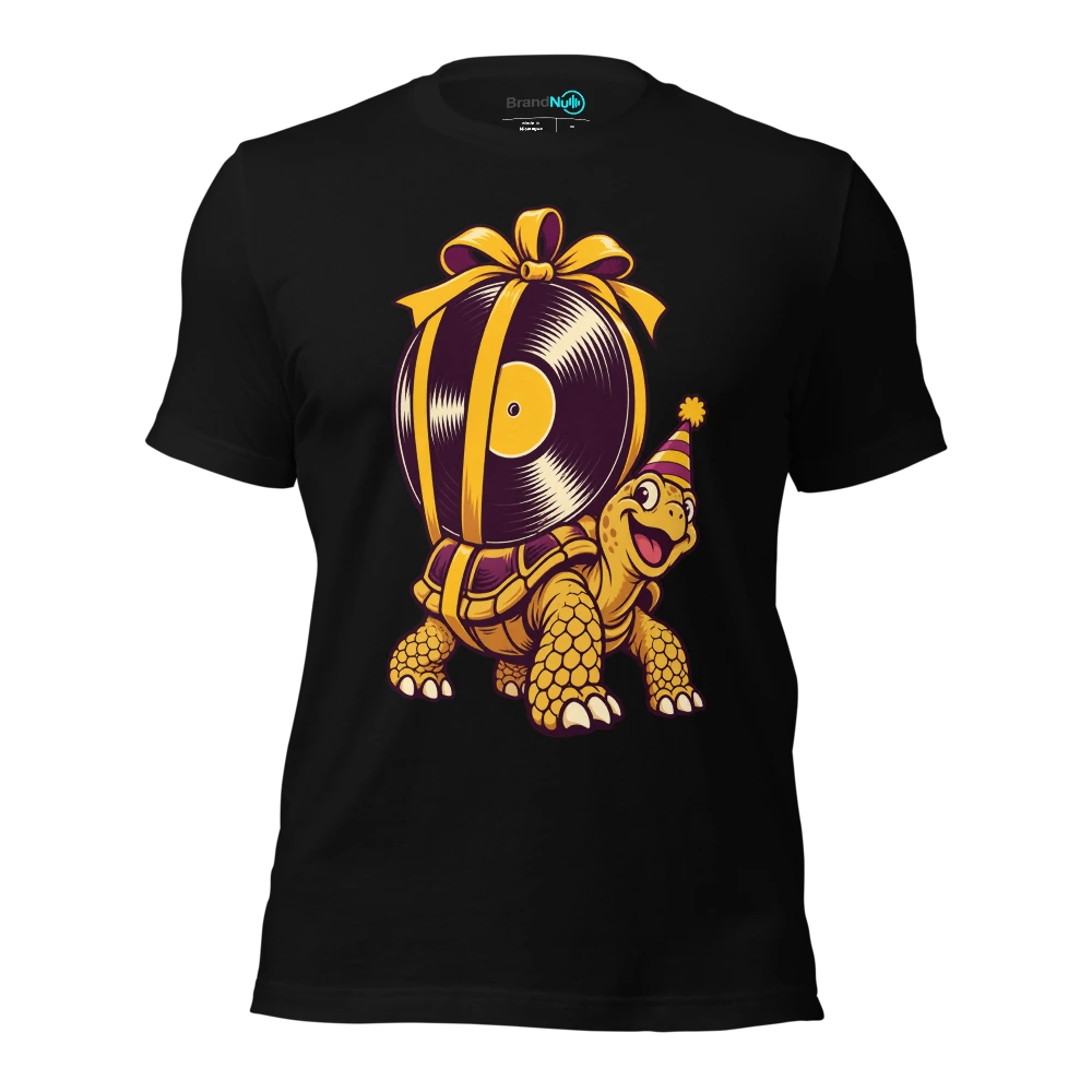 A tortoise carrying a massive blank vinyl record as a birthday present T-SHIRT