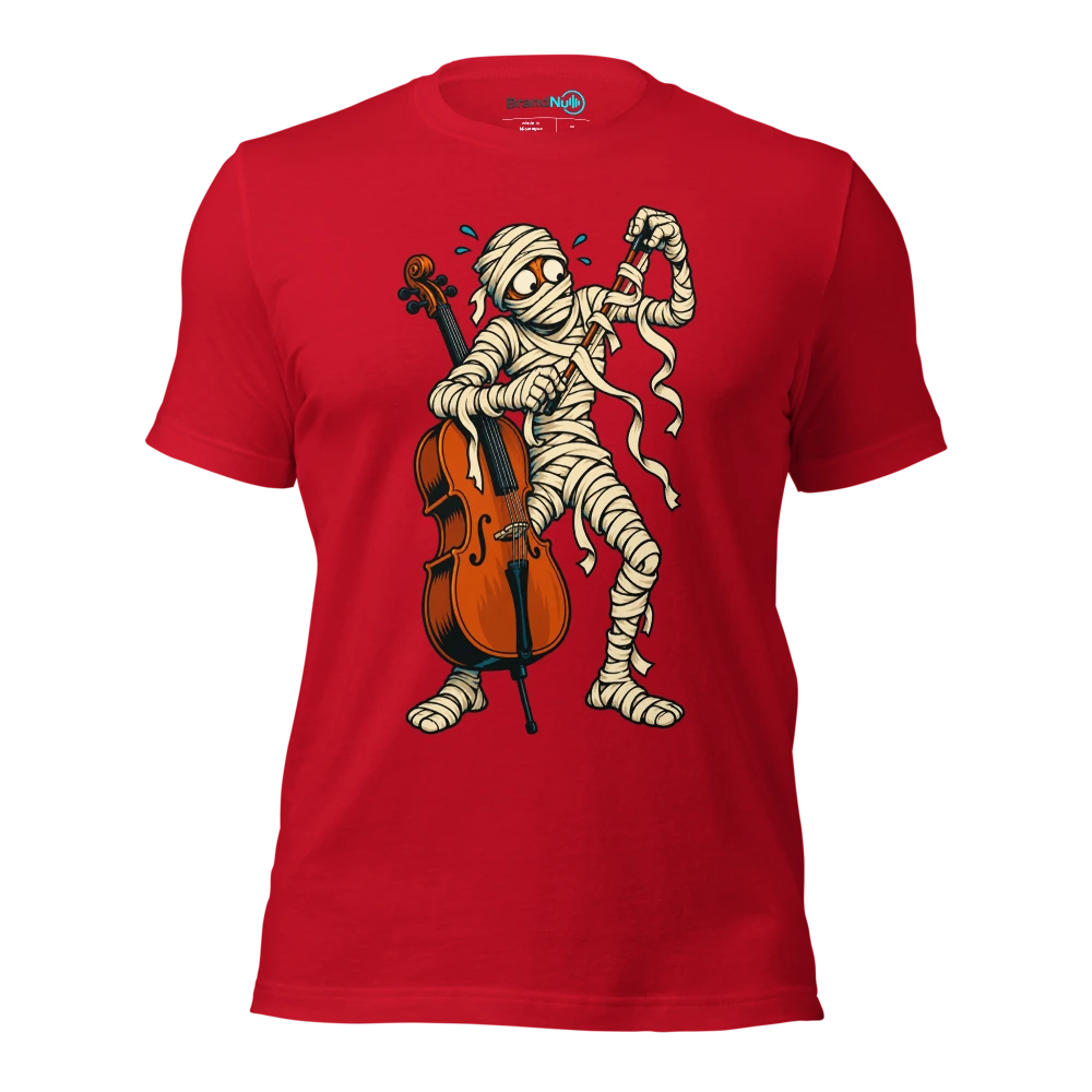A mummy trying to unroll a cello bow from its bandages T Shirt Red Front