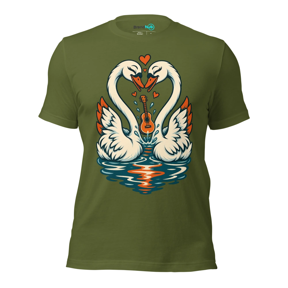 A pair of swans forming a heart around a tiny floating guitar T Shirt Olive Front
