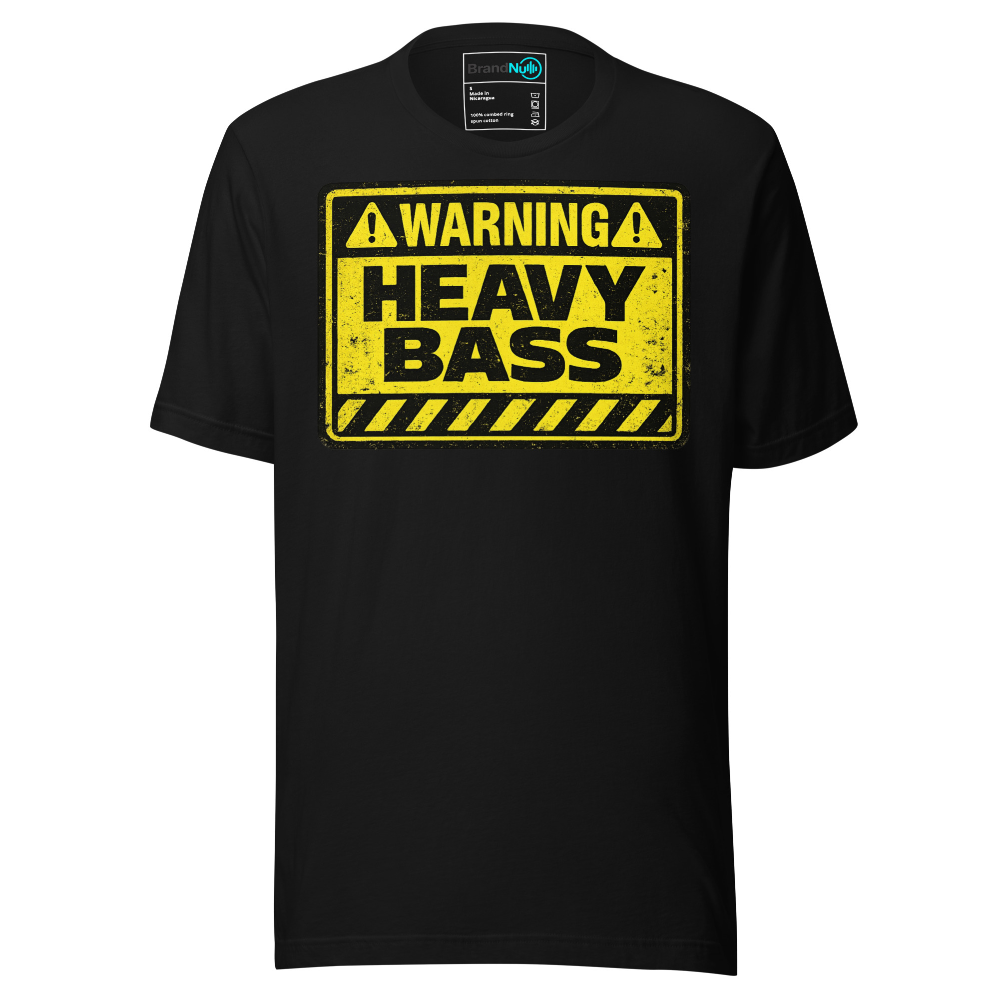 unisex-staple-t-shirt-black-front-69ba1aea2ca4f.jpg Warning Heavy Bass Drum and Bass T Shirt DnB Hazard Graphic - Image 1